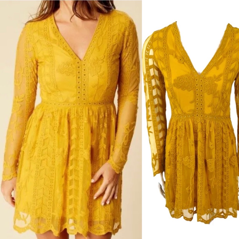 Altar’d State Yellow Floral Embroidered Lace V-Neck Tabatha Dress Sz small